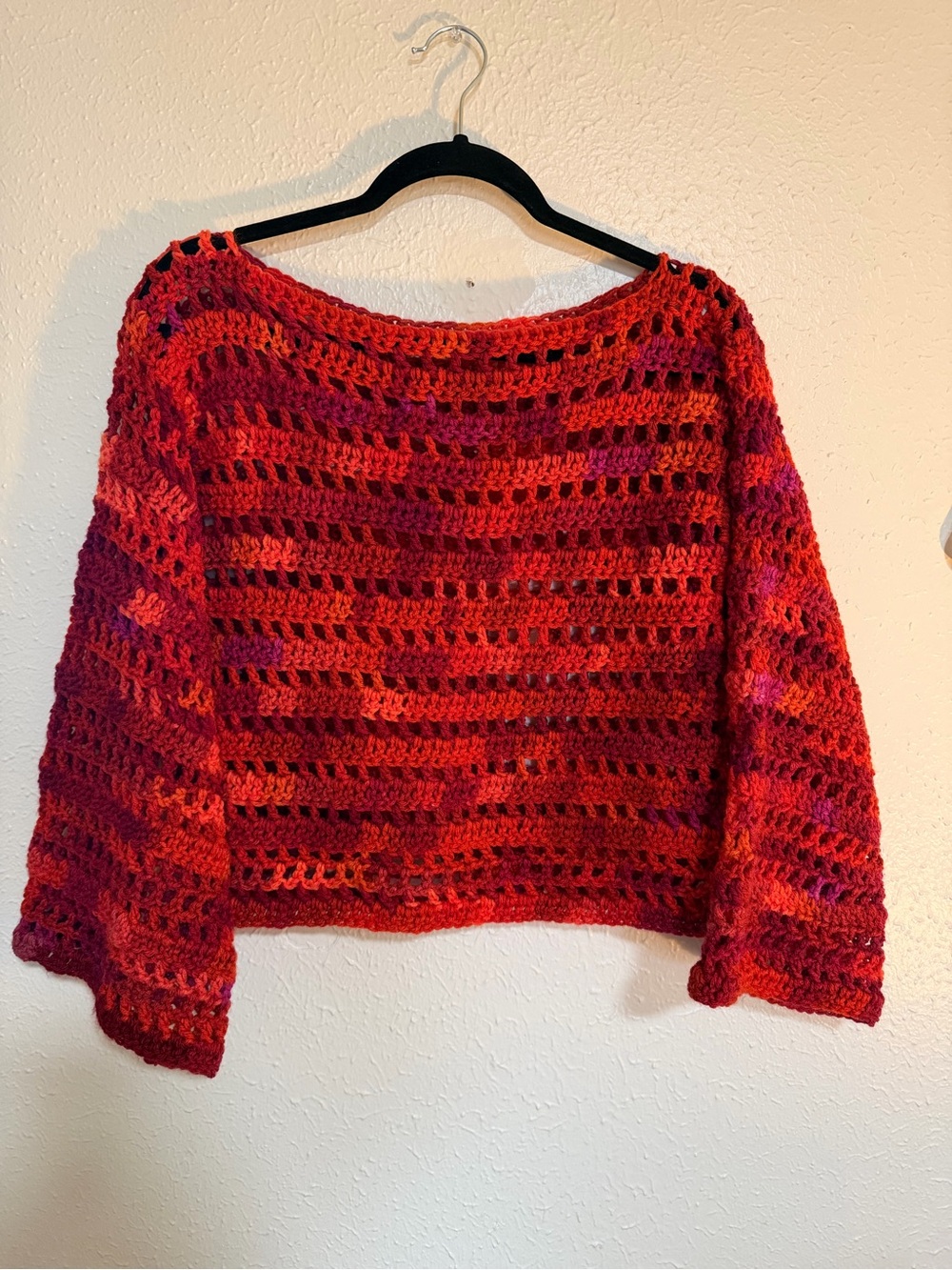 Hand Crafted boat neck Crochet Sweater in Red with Pink Accents